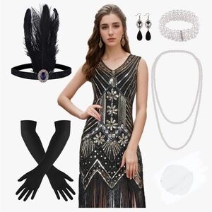 Elegant Black and Gold Flapper Dress with Accessories